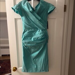 Teri Jon Green Ruched Asymmetrical Sheath Dress